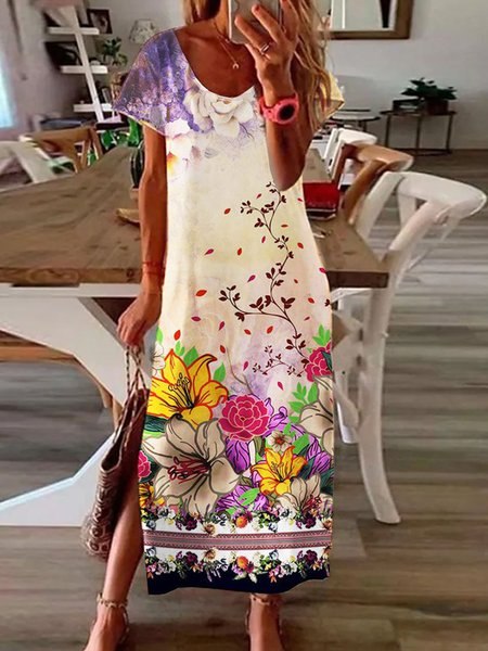 Romantic Floral Geometric Printed Casual Loosen Scoop Neckline Short Sleeve Midi Knit Dress, Flower, Maxi Dresses