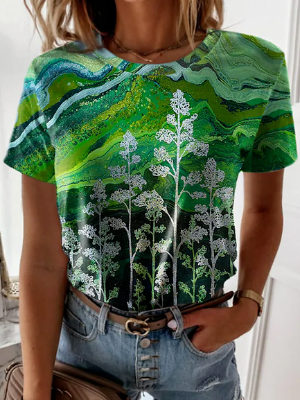 

Casual Floral Regular Fit Cotton Blends Short Sleeve Tops, Green, T-Shirts