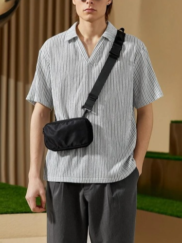 

Men's Lapel Striped Short Sleeve Shirt, Black, Blouses&Shirts