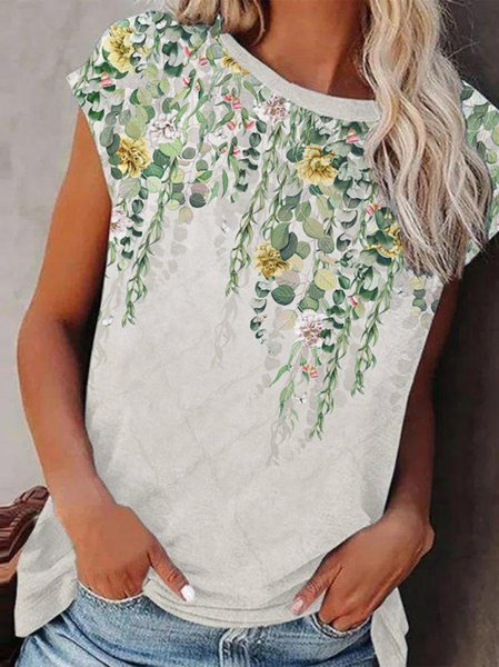 

Crew Neck Floral Short Sleeve Tops, Green, T-Shirts