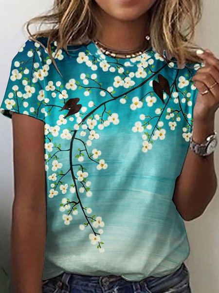 

Ombre Floral Printed Casual Loosen Crew Neck Romantic Pastoral Short Sleeve T-Shirt, Flower, T-Shirts