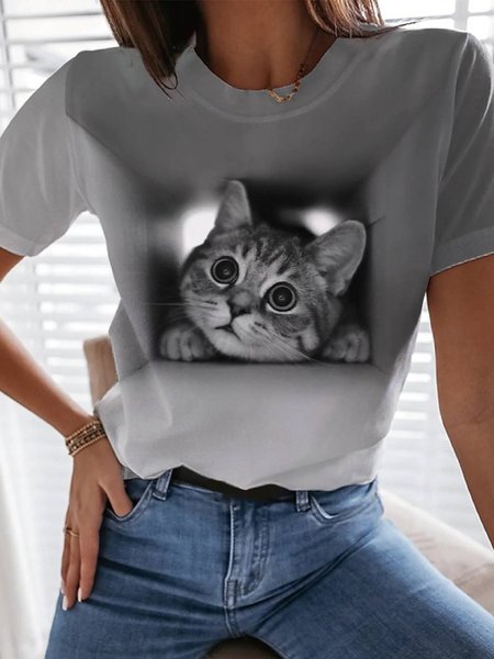 

Round Neck Short Sleeve T-Shirt, Gray, T-Shirts