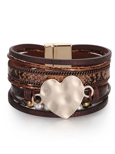 Boho Leather Pearl Metal Heart Bracelet, Brown, Bracelets