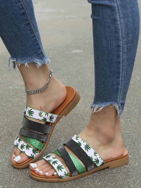 

JFN Green Contrast Cannabis Print Glitter Resort Slippers, As picture, Women Shoes>>Women's Shoes>>Women sandals Slippers