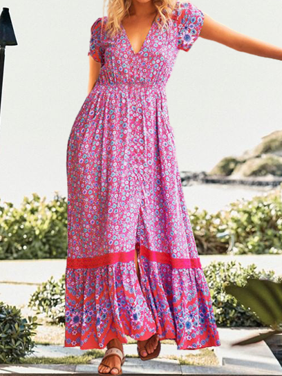 

floral-print resort dress Casual Tribal Loosen Short Sleeve women Dress, Rose red, Dresses