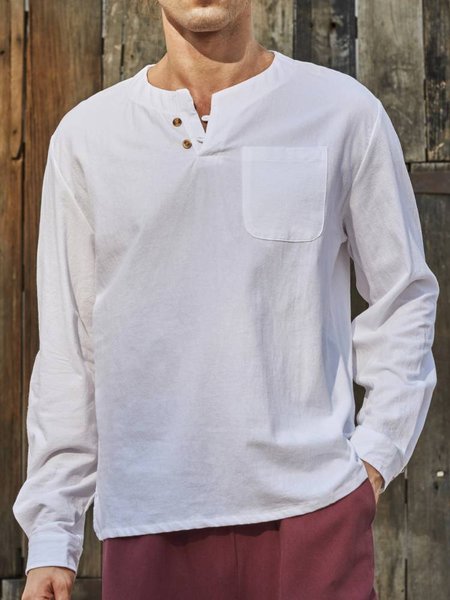 

Cotton Linen Style Men's Two Button V-Neck Linen Long Sleeve Shirt, White, Long Sleeve Basic Shirts