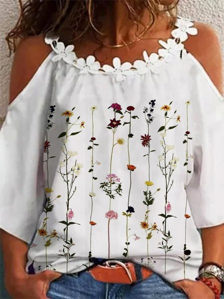 

Floral Lace Casual Off The Shoulder Three Quarter Loosen Tops, White, Tops