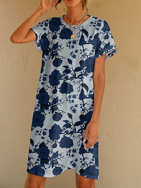 

Vacation Blue Floral Printed Short Sleeve Casual Mini T-Shirt Dresses, Gray, Mini Dresses