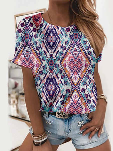 

Vacation Color Block Crew Neck Short Sleeve Tops, Multicolor, T-Shirts