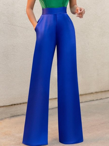 

Daily Work Solid Pants, Blue, Wide Leg Pants