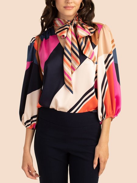 

Tie Neck Geometric Lady Regular Fit Top, Multicolor, Tops