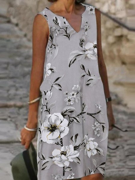 

V Neck Casual Cotton Blends Short Sleeve Woven Dress, Gray, Dresses