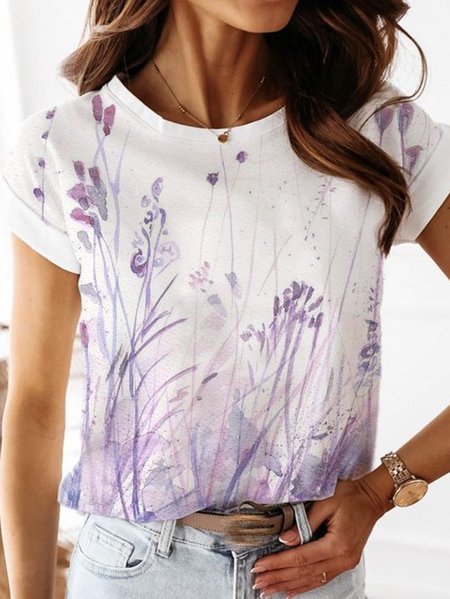 

Casual Floral Printed Short Sleeve T-Shirt, Purple, Tops
