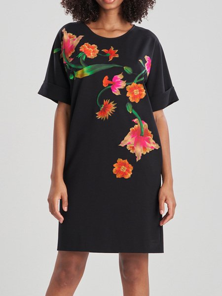 

Loosen Floral Casual Short Sleeve Tee T Dress, Black, Mini Dresses
