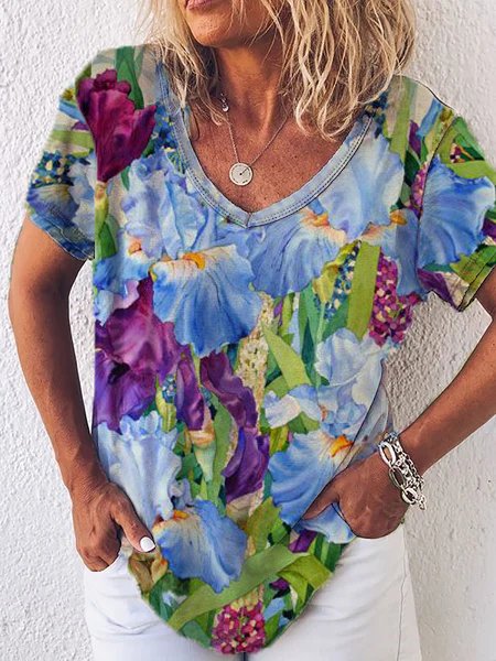

V Neck Loosen Iris Orchids Floral Short Sleeve T-Shirt, Multicolor, T-Shirts