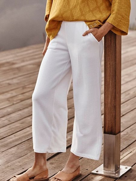 

Casual loose straight leg cropped pants, White, Pants