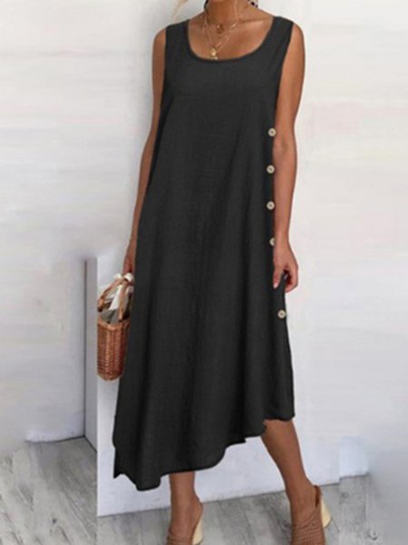 Loosen Buttoned Square Neck Short Sleeve Knit Dress, Black, Midi Dresses