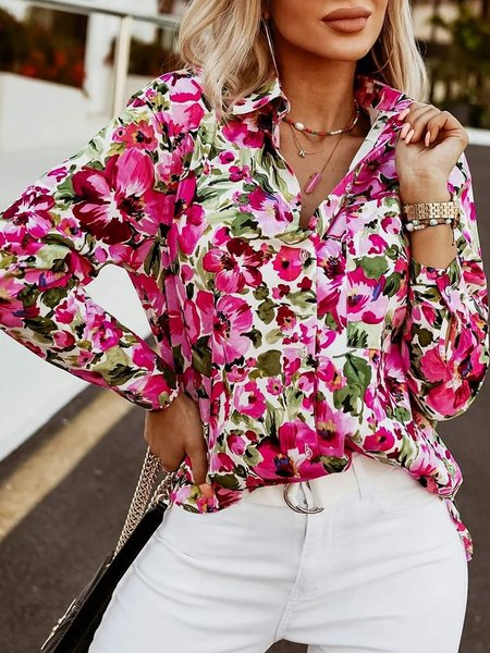

Casual Floral Long Sleeve Long Sleeve Blouse, Rose red, Blouses & Shirts