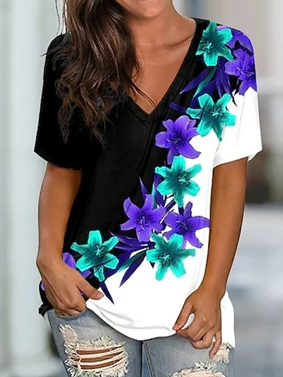 

Floral Casual V Neck Short Sleeve T-Shirt, Black-white, T-Shirts