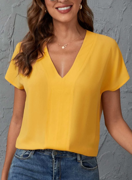 

Casual Short Sleeve Tops V neck Loosen, Yellow, T-Shirts