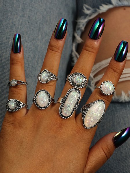 

JFN 8 Pcs Vintage Alloy Opal Ring Set, As picture, Rings
