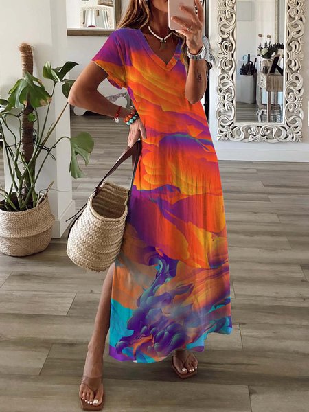 

Light shadow rainbow gradient multicolor printing loose a-hem dress long Plus Size, Dresses