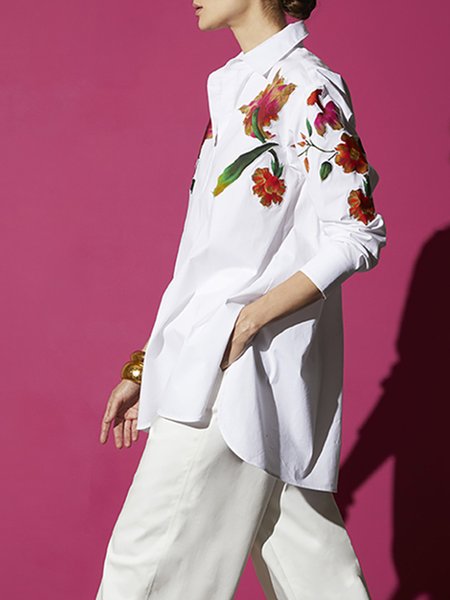 

Floral Shirt Collar Long Sleeve Blouse, White, Blouses and Shirts