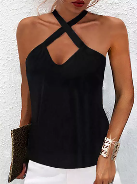 

Casual Sleeveless Tops Plain Cross Front Tank Tops, Black, Tank Top