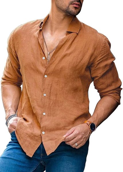 

Casual Cotton and Linen Shirt Collar Long Sleeve Shirt, Yellow brown, Blouses&Shirts