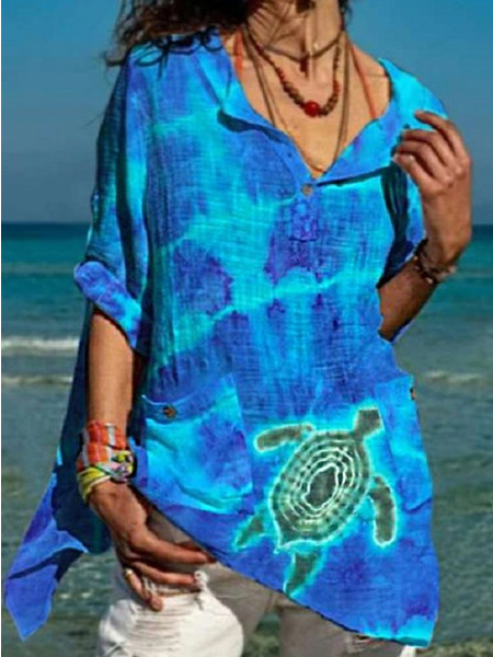 

V Neck Ombre Long Sleeve Tops, Blue, T-Shirts