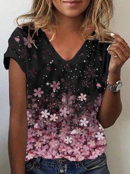

Women's Floral Gradient V Neck Cotton Blend Short Sleeve Casual Blouse, Black, T-shirts