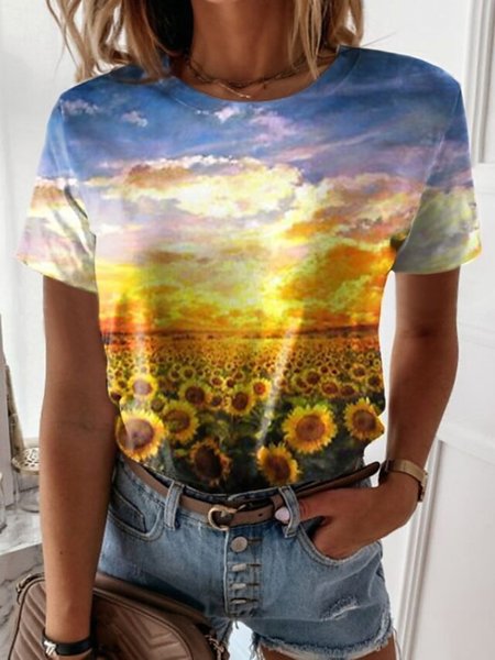 

Casual Sunflower Short Sleeve Round Neck Plus Size Printed Tops T-shirts, Yellow, T-Shirts