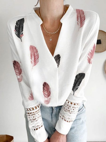 

Lace Feather Casual Long Sleeve Tops, White, Long sleeve tops