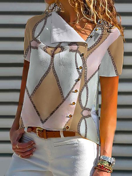

Geometric Asymmetrical Neck Short Sleeve Blouse Tops, Pink, Tops