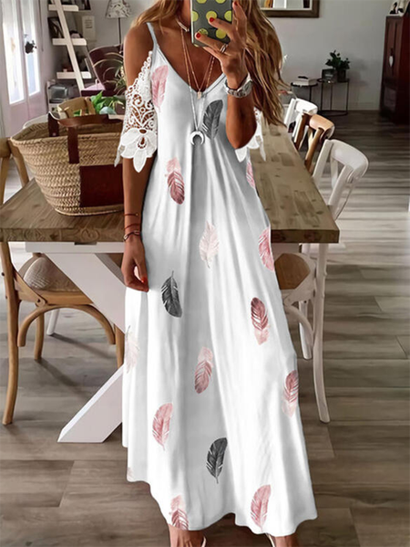 

Boho Feather V neck Short Sleeve Knit Dress, White, Maxi Dresses