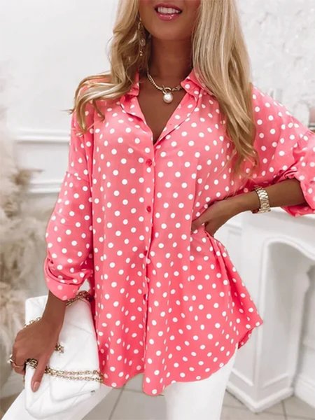 

Polka Dots Long Sleeve Plus Size Casual Tops, Pink, Blouses & Shirts
