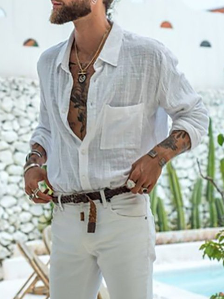 

Men's Lapel Long Sleeve Shirt, White, Blouses&Shirts