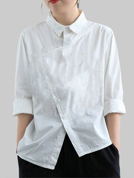 

Plain Shirt Collar Long Sleeve Blouse, White, Blouses and Shirts