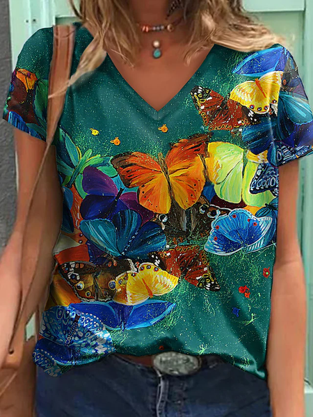 

Butterfly Regular Fit Casual Cotton Blends Short Sleeve Tops, Green, T-Shirts