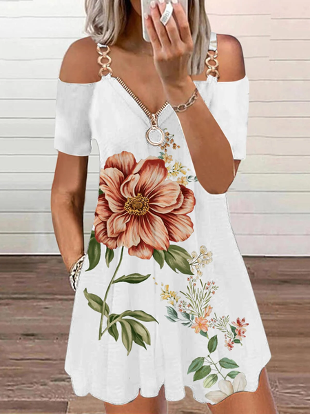 

V Neck Loosen Floral Short Sleeve Knit Dress, White, Dresses
