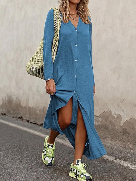 

Casual Solid Color Long Sleeve V-neck Maxi Shift Dresses, Blue, Dresses