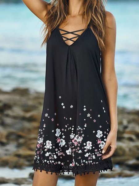 

Casual Loosen V Neck Short Sleeve Knit cherry blossom little black dress, Mini Dresses