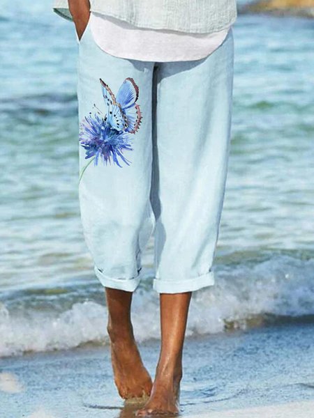 

Casual Floral Butterfly Printing Elastic Waist Cropped Pants, Blue, Pants