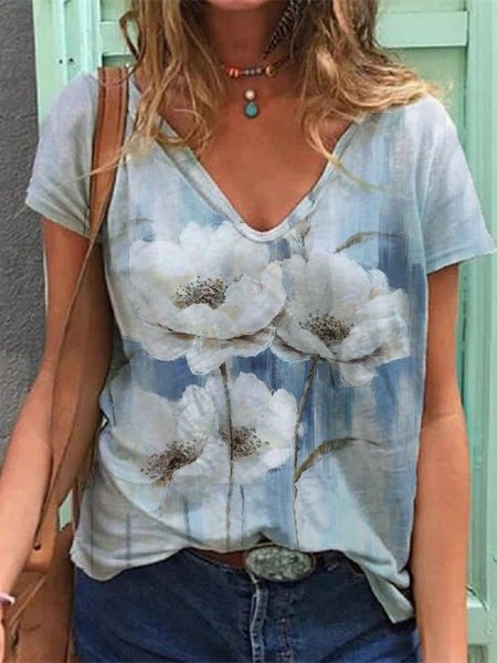 

Floral V Neck Loosen Short Sleeve T-Shirt, Blue, T-Shirts