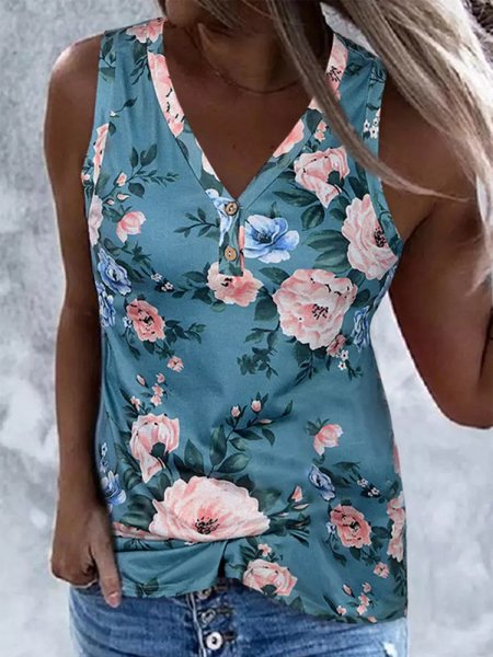 

Floral Sleeveless V Neck Plus Size Casual Tank Tops, Multicolor, Tank Top