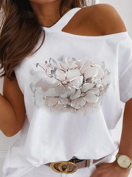 

Off The Shoulder Short Sleeve T-Shirt, White, T-Shirts