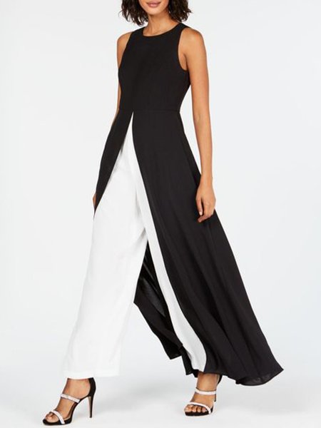

Crew Neck Color Block Sleeveless Jumpsuit, Black-white, Jumpsuits