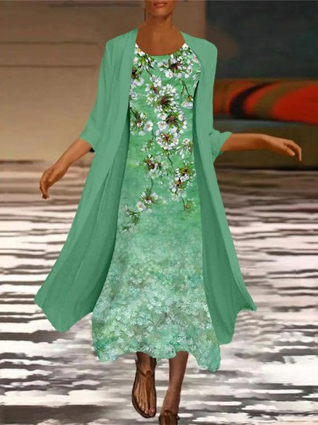

Vacation Loosen Floral Short Sleeve Woven Dress, Green, Dresses
