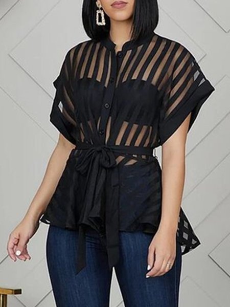

Crew Neck Striped Short Sleeve Blouse, Black, Blouses and Shirts
