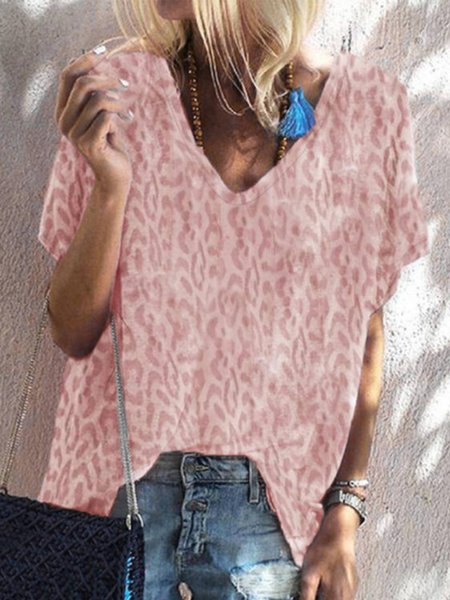 

Leopard Casual V Neck Short Sleeve T-Shirt, Pink, T-Shirts